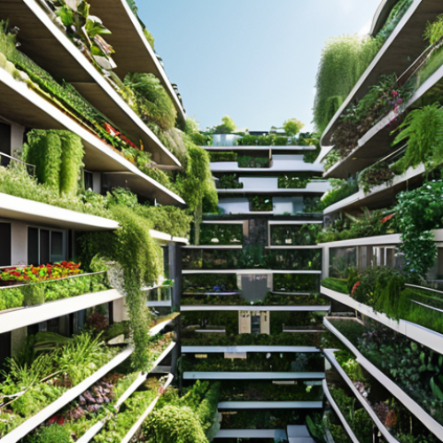 Home 11 **
A vibrant, multi-level floating city with vertical gardens cascading down building facades. Lush greenery mixes seamlessly with sleek, modern architecture. In the foreground, community gardens thrive, with residents tending to crops. The overall atmosphere is one of harmony between nature and technology, showcasing a sustainable urban oasis. Focus on bright, natural light and a sense of community. Biofilic design elements should be prominent.
**