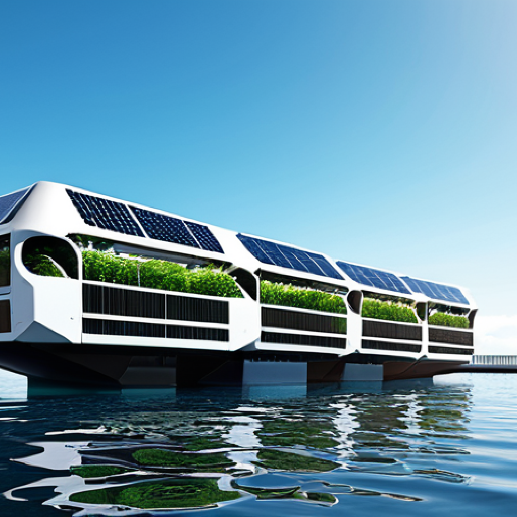 A professional architectural rendering of an advanced, sustainable floating city module. The module showcases a sleek, modular design with integrated solar panels and vertical hydroponic farms on its exterior. It floats peacefully on a clear, calm ocean, with a vibrant blue sky above. The scene highlights innovative, corrosion-resistant materials and smart engineering for stability and resilience. Small, fully clothed individuals in professional attire can be seen walking on a public walkway, adding a sense of scale. The image conveys a harmonious blend of technology and nature. Safe for work, appropriate content, modest clothing, family-friendly, perfect anatomy, correct proportions, natural pose, high-resolution, professional photography.