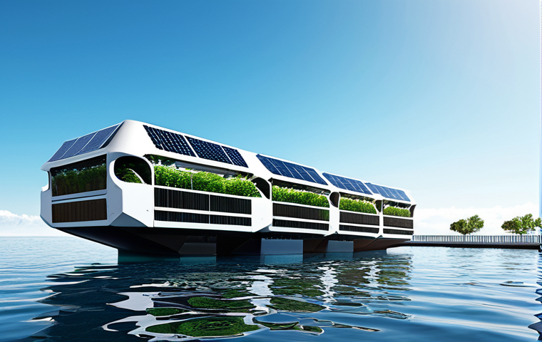 A professional architectural rendering of an advanced, sustainable floating city module. The module showcases a sleek, modular design with integrated solar panels and vertical hydroponic farms on its exterior. It floats peacefully on a clear, calm ocean, with a vibrant blue sky above. The scene highlights innovative, corrosion-resistant materials and smart engineering for stability and resilience. Small, fully clothed individuals in professional attire can be seen walking on a public walkway, adding a sense of scale. The image conveys a harmonious blend of technology and nature. Safe for work, appropriate content, modest clothing, family-friendly, perfect anatomy, correct proportions, natural pose, high-resolution, professional photography.