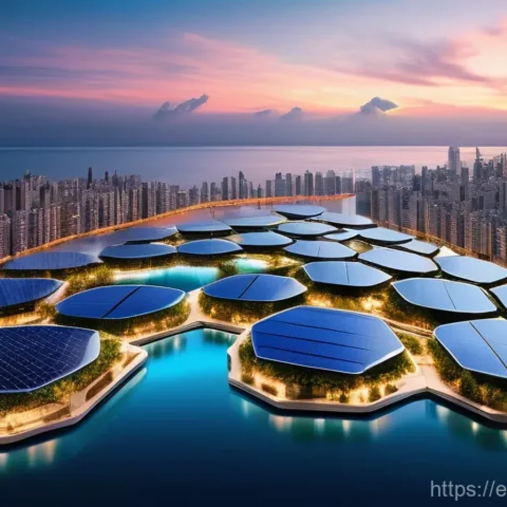 플로팅 시티의 바다 생태계 연구 - **A panoramic, ultra-wide aerial view of a vibrant, futuristic floating city at sunrise.** The city ...