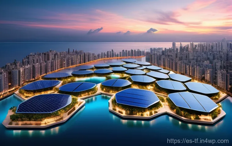 플로팅 시티의 바다 생태계 연구 - **A panoramic, ultra-wide aerial view of a vibrant, futuristic floating city at sunrise.** The city ...