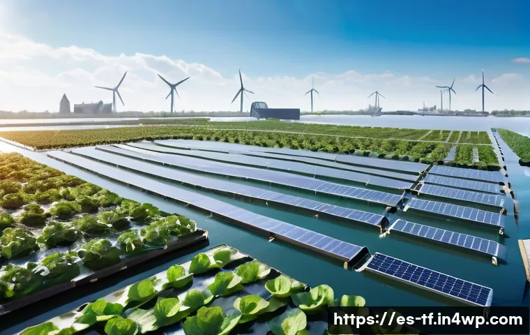 플로팅 시티 개발을 위한 국제 협력 - A futuristic floating city in the Netherlands featuring a self-sustaining floating farm on a calm ri...