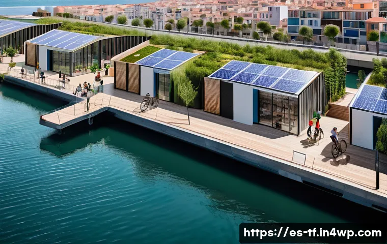 플로팅 시티의 사회적 기업 모델 - A vibrant floating community in a coastal Spanish city, featuring modern sustainable architecture wi...