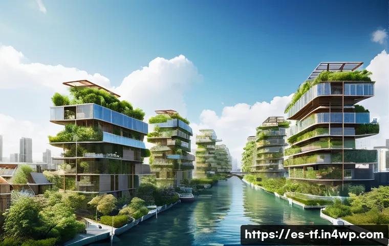 플로팅 도시 개발의 자원 재활용 전략 - A futuristic floating cityscape featuring sustainable architecture made from recycled materials such...