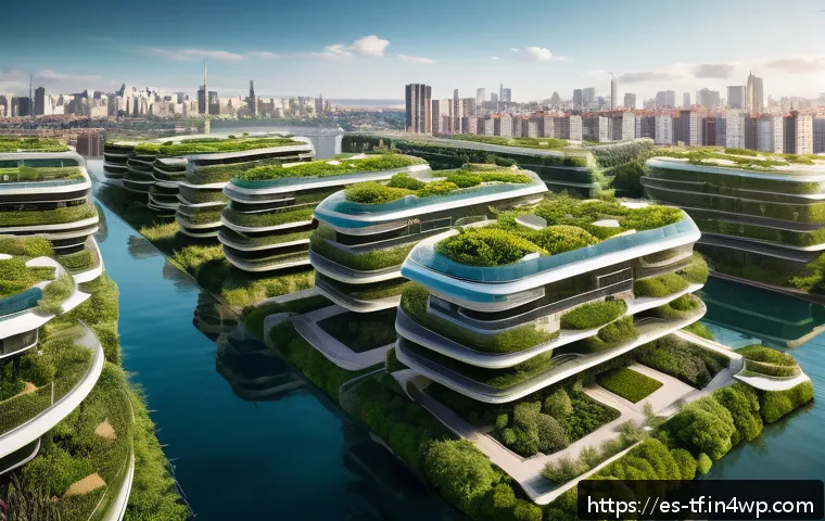 플로팅 도시 개발의 글로벌 트렌드 - A futuristic floating cityscape at sunset, featuring modular residential blocks made from reinforced...