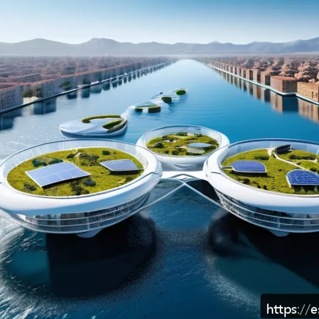 플로팅 시티 개발을 위한 기술적 혁신 - A futuristic floating city with modular architecture composed of interconnected independent units on...