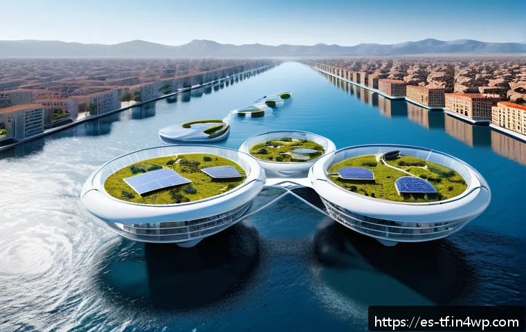 플로팅 시티 개발을 위한 기술적 혁신 - A futuristic floating city with modular architecture composed of interconnected independent units on...