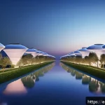 Home 23 플로팅 도시에서의 물 관리 기술 - A futuristic floating cityscape at dusk on the Mediterranean coast, showcasing advanced atmospheric ...