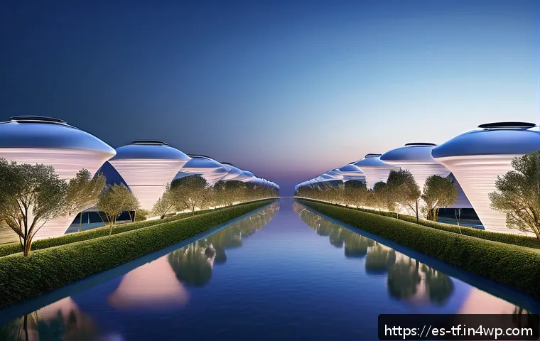 플로팅 도시에서의 물 관리 기술 - A futuristic floating cityscape at dusk on the Mediterranean coast, showcasing advanced atmospheric ...