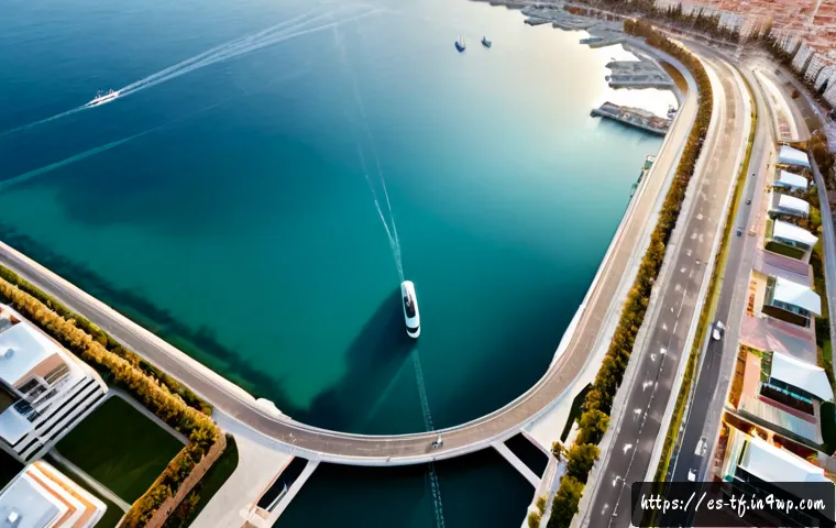 Home 17 플로팅 시티의 통합 교통 시스템 설계 - Photorealistic aerial view of a sustainable floating coastal city inspired by a Spanish Mediterranea...